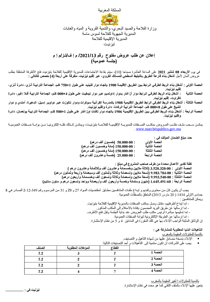 طلب عروض بناء الربط الطرقي الى دوار فنينيض