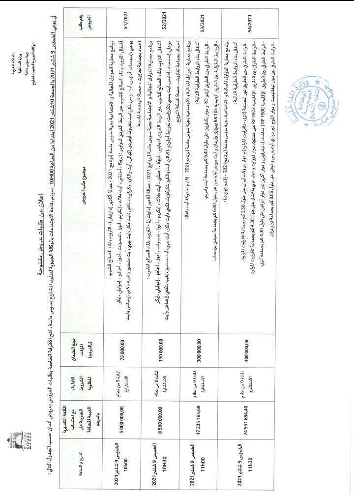 طلب عروض إنجاز الطريق نحو تيفراوين، دوار أكريز عبر دوار أنزاض